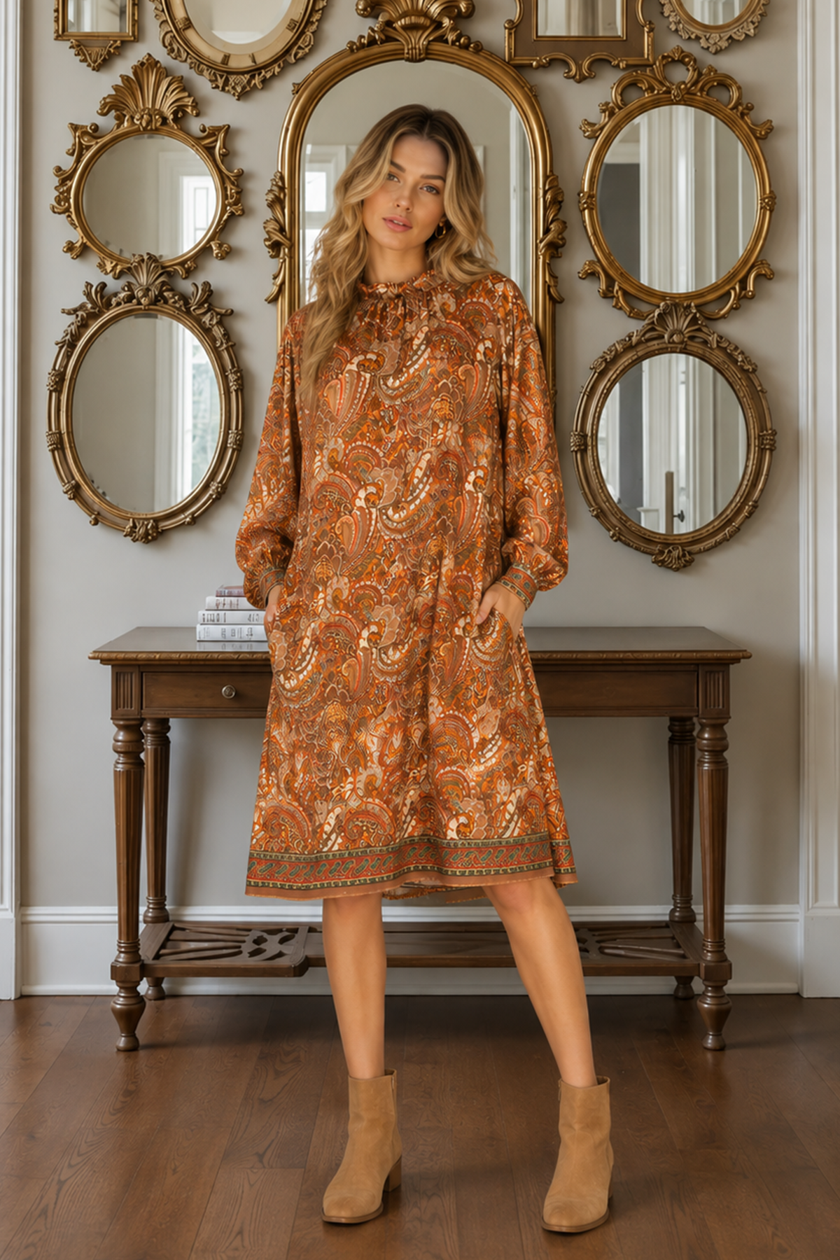 Cornelia silkekjole - Brown paisley