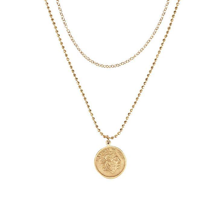 Alexander the great coin double chain necklace